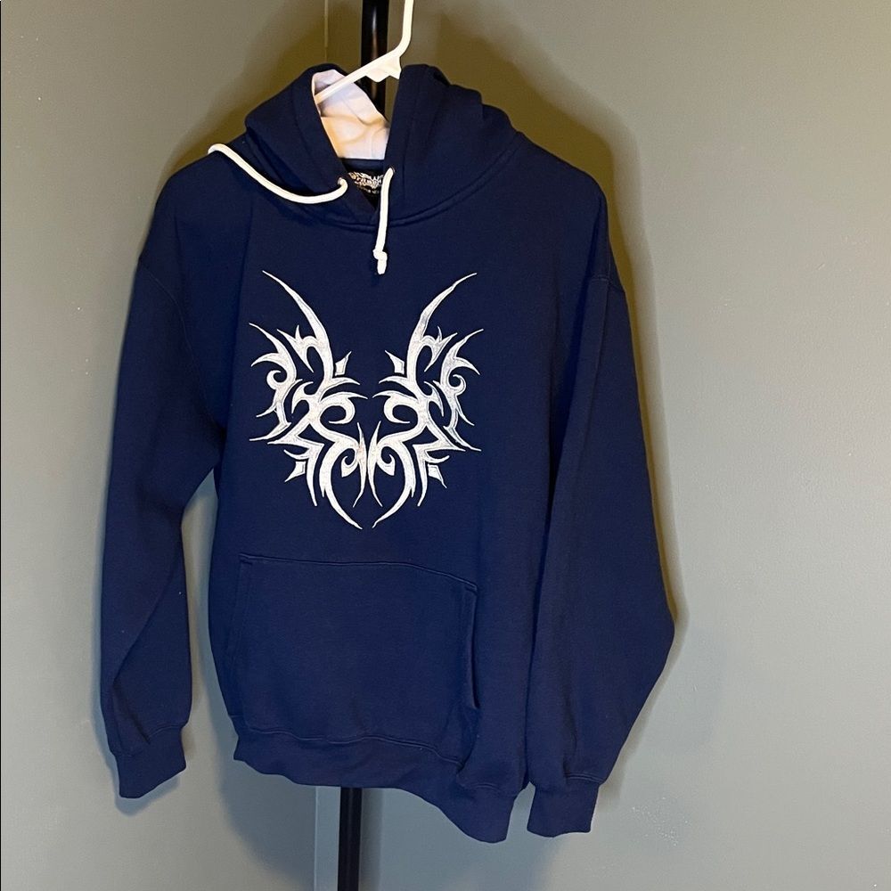 Dragonfly Men's vintage Navy Hoodie with White Tribal Design